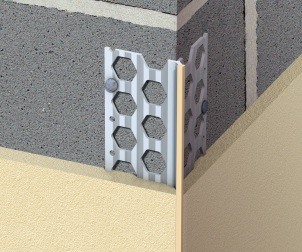 Renderplas corner bead in situ on blockwork Corner bead in situ on blobkwork